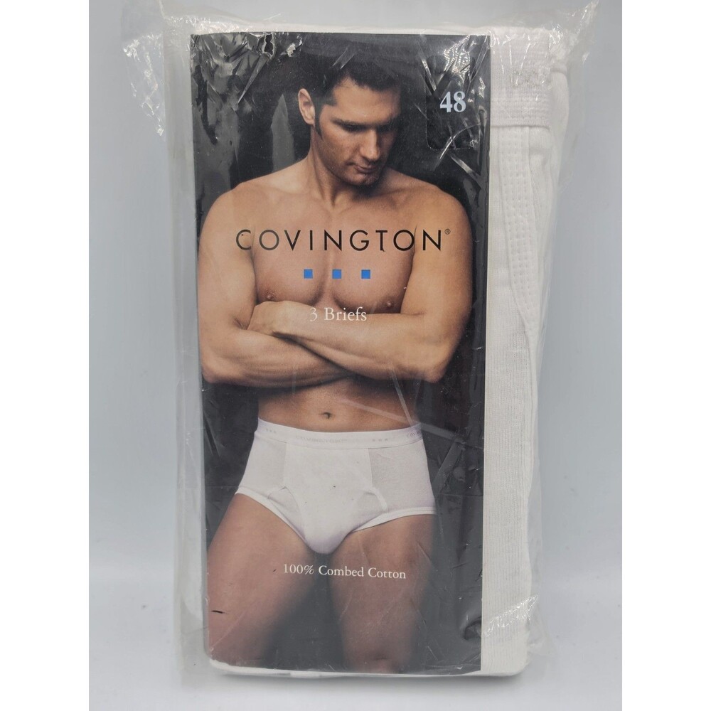 New Vtg 3 Pairs Covington Men's White 100% Combed Cotton Briefs Sz 48 Doubl Ply - Picture 1 of 2